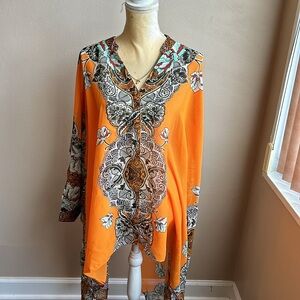 New Womens Plus Sz 1X  Swim Coverup Top Caftan Style Sheer Printed Orange